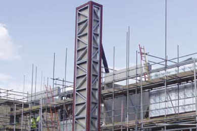 Profiled steel decking prior to installation of rebar/reinforcement and in-situ concrete. Hot rolled steel 'goal posts' designed and manufactured by Metek.